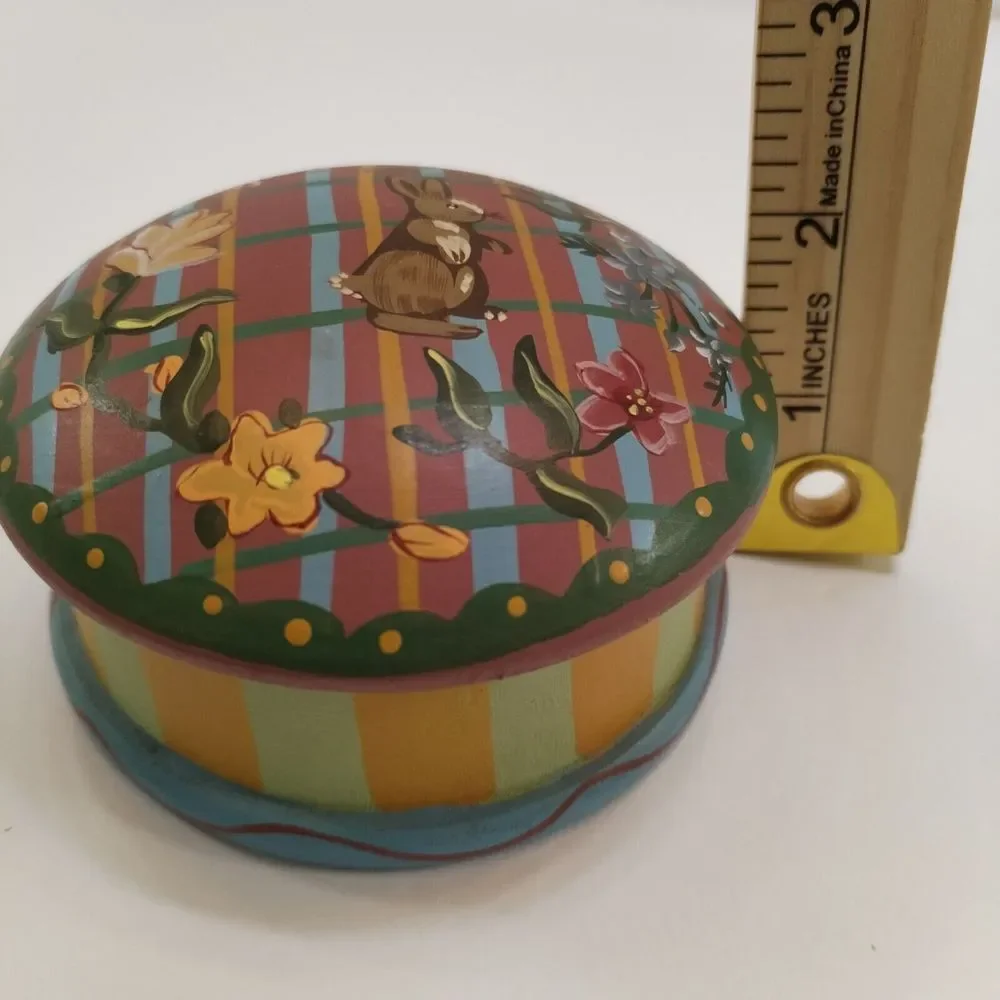 Hand Painted‎ Wood Trinket Jewelry Box Bunny Flowers Stripes Pastel 1997 Vintage
